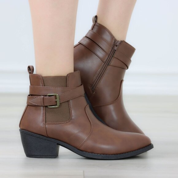 Brown Ankle Boots Buckle Strap Faux Leather Low Block Heel Side Zip - Picture 1 of 14